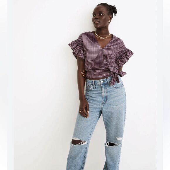 MADEWELL Flutter Sleeve Side Tie Wrap Top Black Red Plaid Women’s Sz Medium NWT - Picture 4 of 13